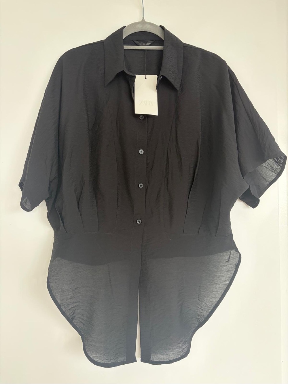 Zara Black Sheer Short-Sleeve Button-Down Blouse